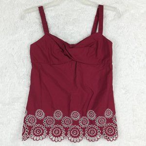Ann Taylor Loft Womens Tank Top Cami Embroidered Cutout Rouched Red Sweetheart 0